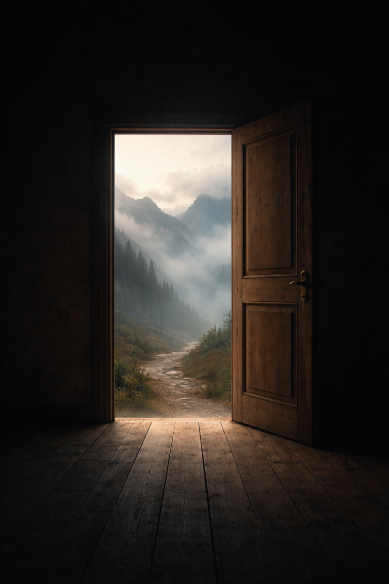 A slightly open wooden door in a dark room revealing a misty mountain path leading into the unknown, symbolizing courage and taking chances