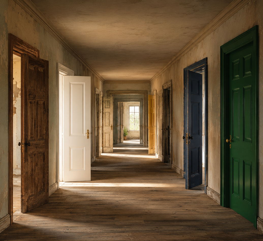 A long corridor lined with different doors in varying conditions, including newly painted, damaged, half-open, and broken doors, symbolizing repeated beginnings and different stages of life.