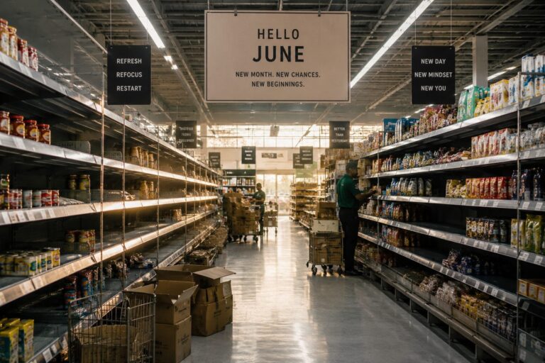 Partially restocked supermarket shelves with open boxes and workers organizing products, symbolizing a fresh start and transition into a new month.