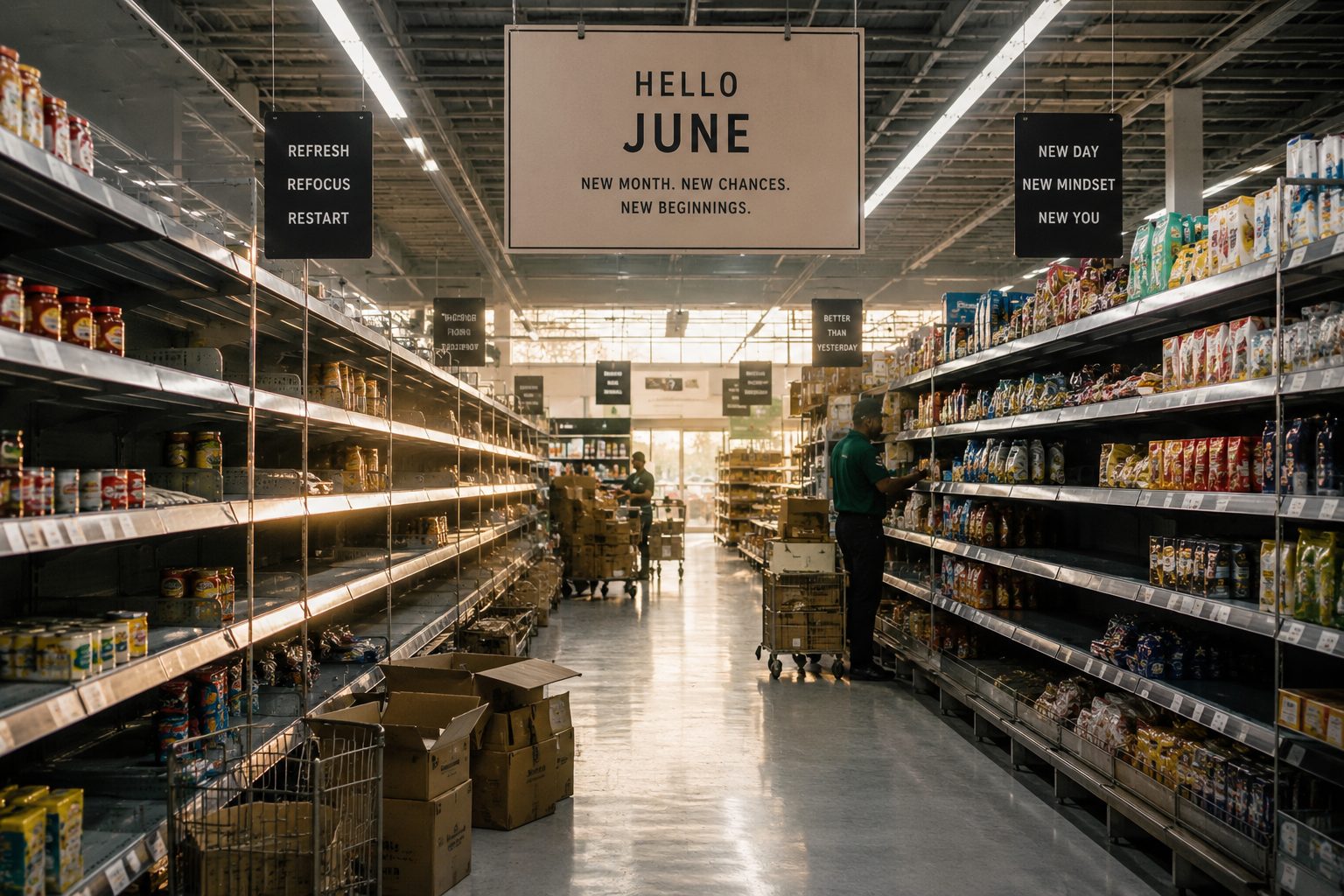 Partially restocked supermarket shelves with open boxes and workers organizing products, symbolizing a fresh start and transition into a new month.