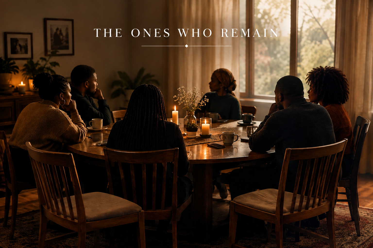 People gathered around a round table with two empty chairs, symbolizing loved ones who are no longer here.